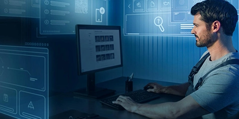 Man using a computer with multiple tabs floating around him.