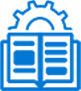 Blue icon of open book with a cog behind it